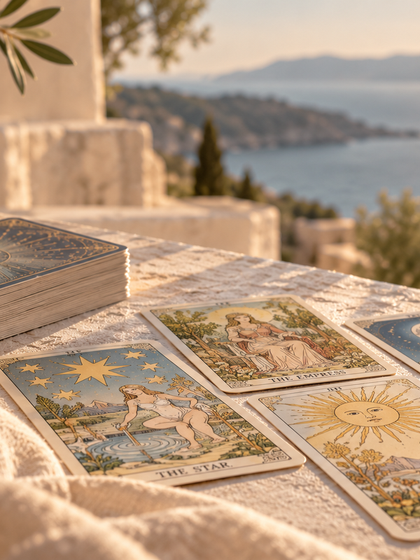 Tarot cards laid out in golden light on a sunlit terrace with crystals